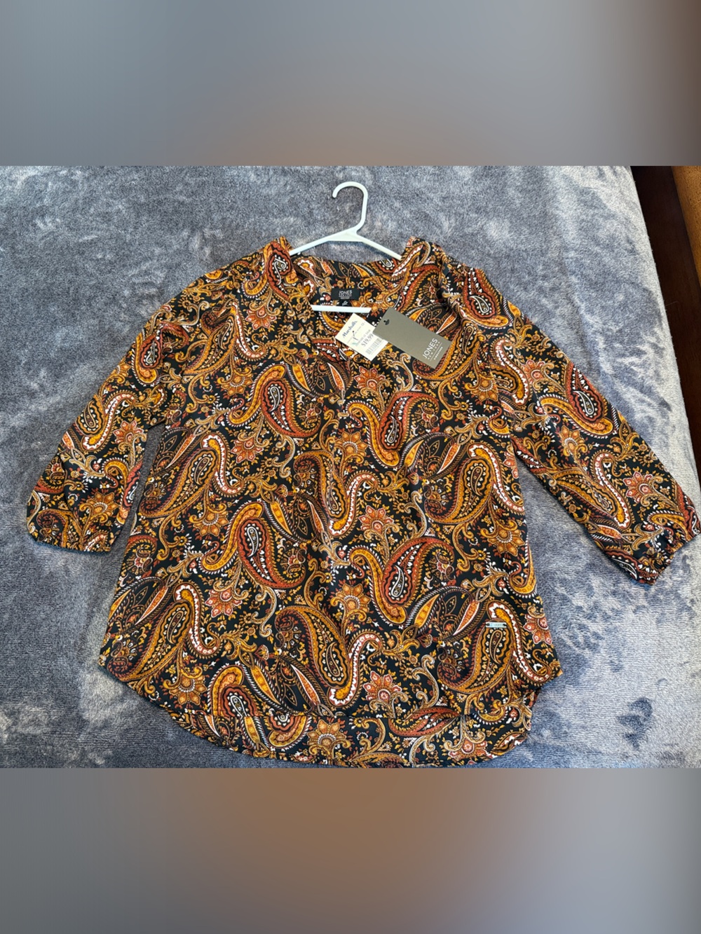 Jones New York Black Paisley Blouse with Rust & Gold Accents